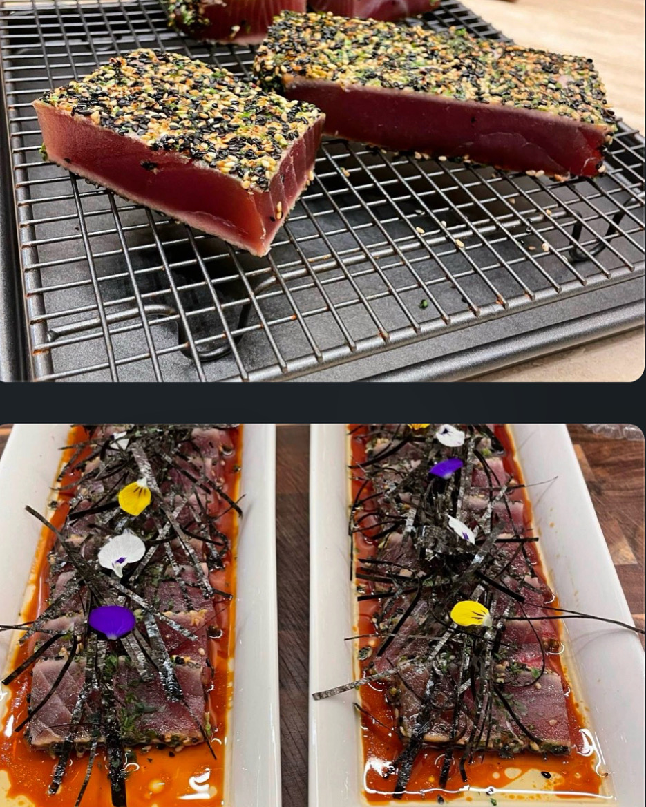 Tataki de atum pensado para performance de alto nível, servido a jogador da Premier League.